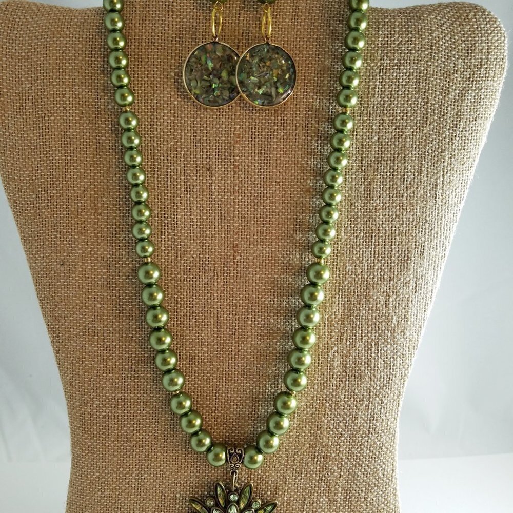Hand Crafted Moss Green Glass Pearl Necklace and DropbEarrings - 2 Piece Set